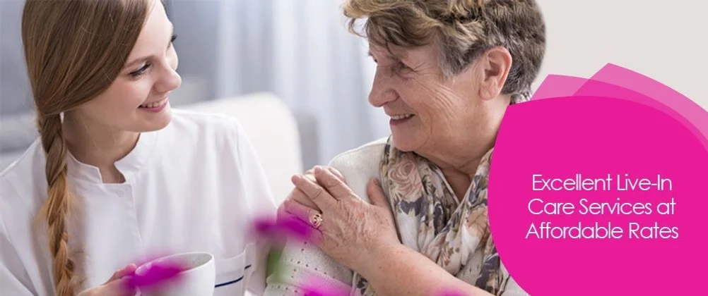 Young carer providing tea to an older lady with caption excellent live in care services at affordable rates