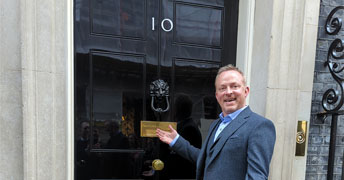 Chris Lindsey in front of the door to number 10 Downing Street